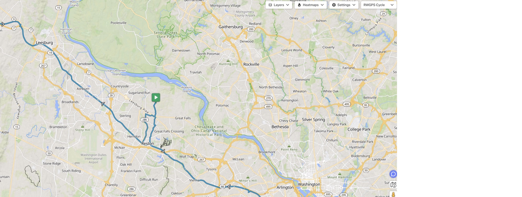 Map of the full Washington and Old Dominion Trail cycling route