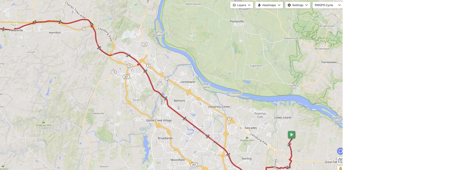 Route map from Great Falls to Bluemont through Northern Virginia