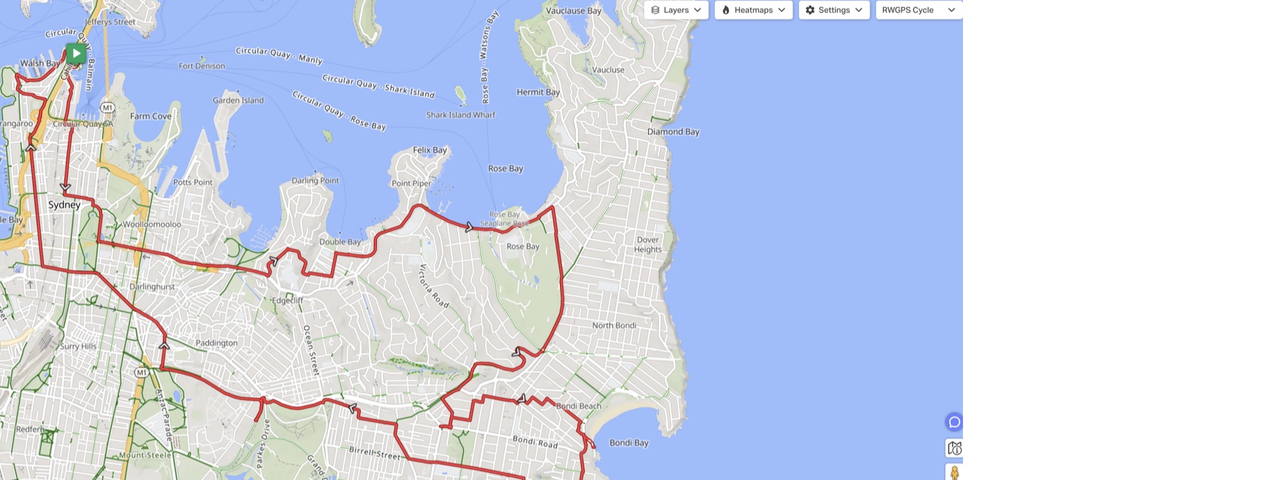Cycling route map around Sydney Harbour and the eastern suburbs