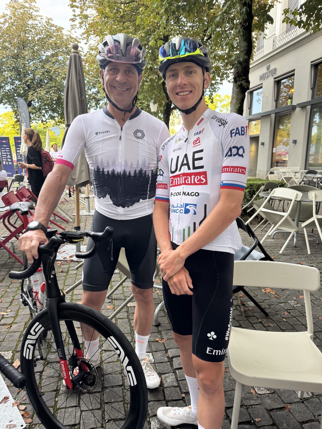Karl McDonnell and Tadej Pogačar together in cycling kit during the 2024 PlumeStrong Cycling Challenge