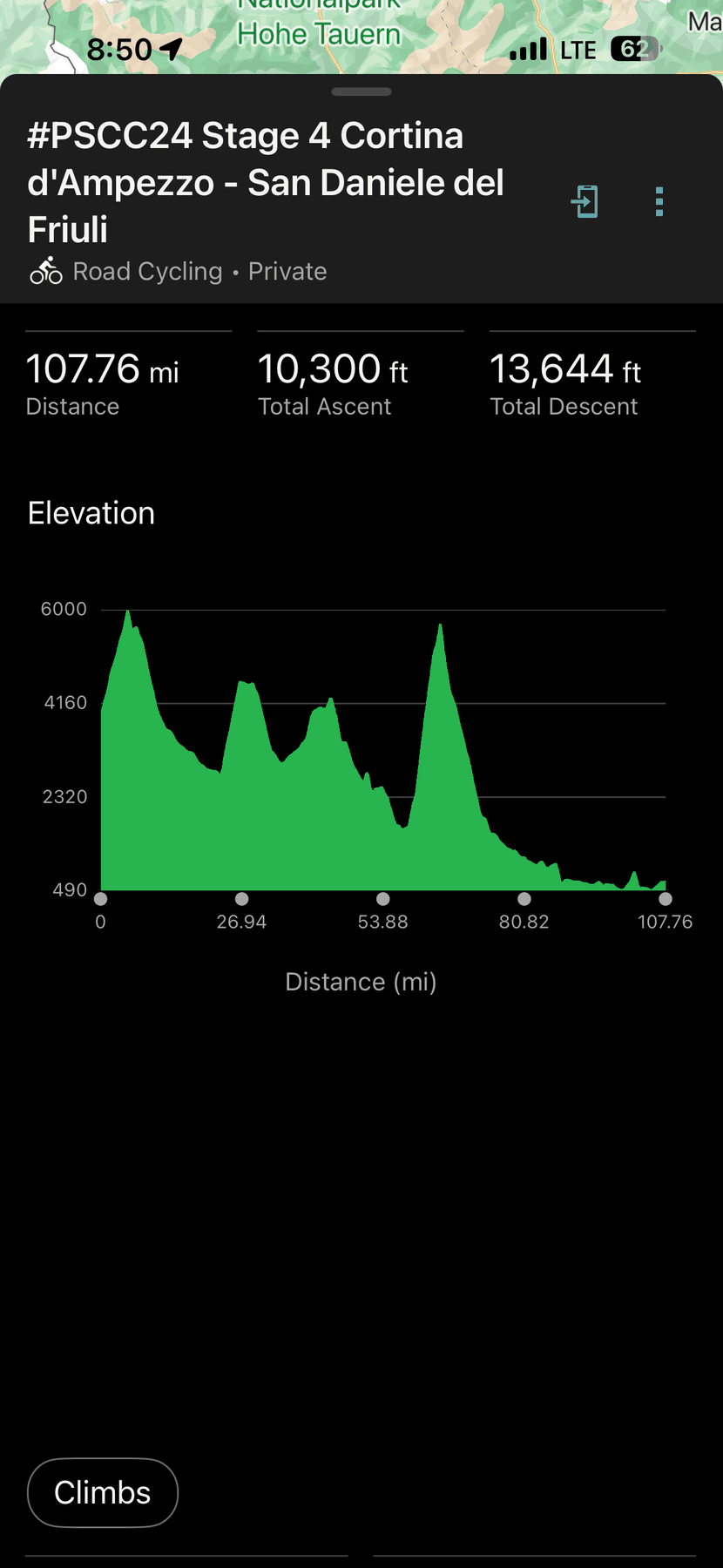 Ride data for Stage 4 from Cortina d'Ampezzo to San Daniele del Friuli: 107.76 miles and 10,300 feet of ascent